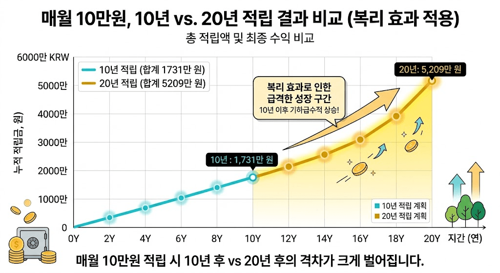 매달 10만원 복리 10년 20년 기간별 비교 라인 차트