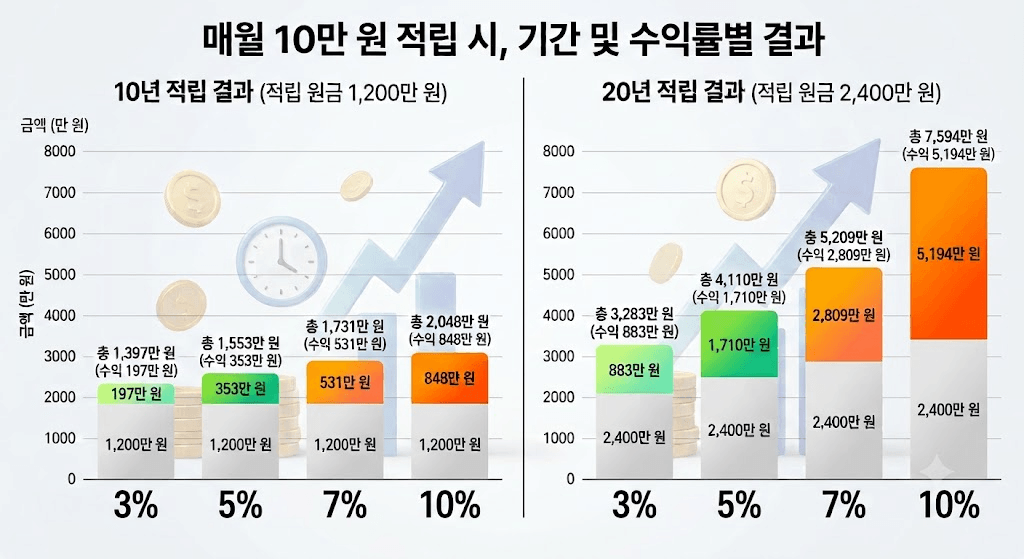 매달 10만원 복리 수익률별 10년 시뮬레이션 비교 그래프