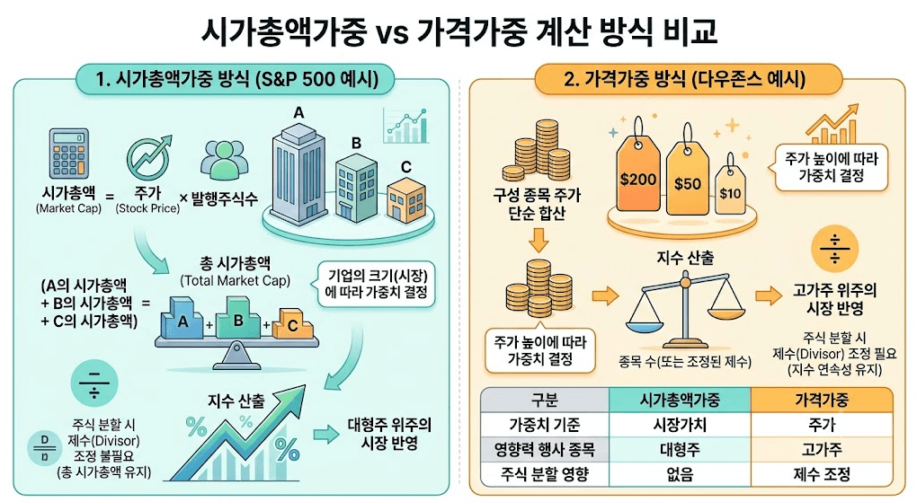 나스닥100 S&P500 다우존스 계산방식 차이