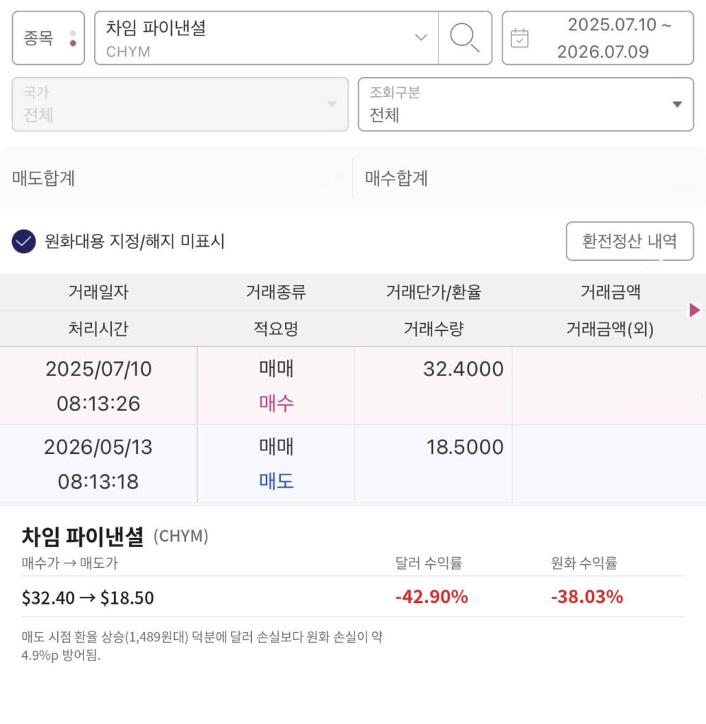 차임 파이낸셜 투자 실패 사례 매매 내역과 수익률