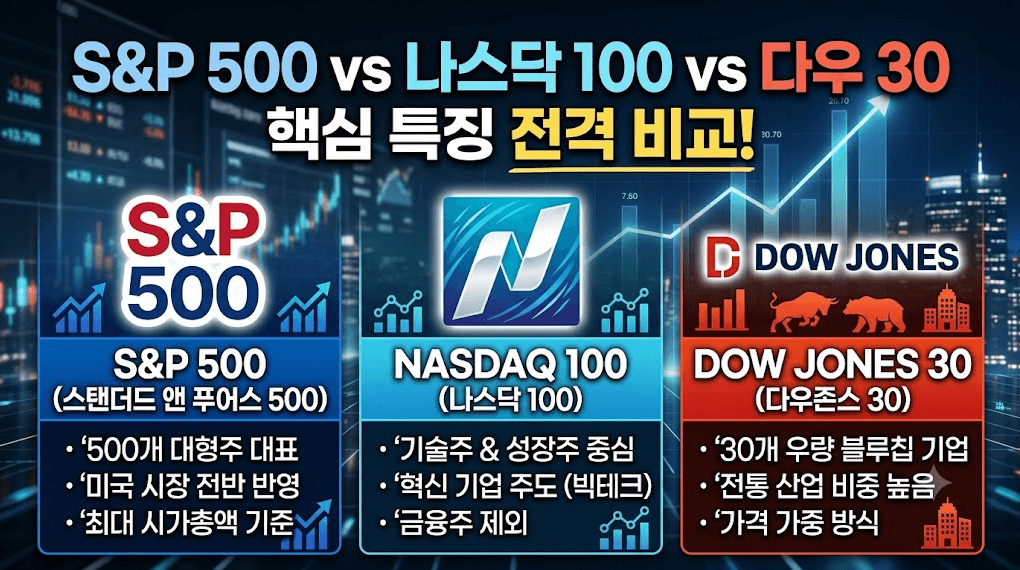 S&P500 나스닥100 다우존스 차이 비교