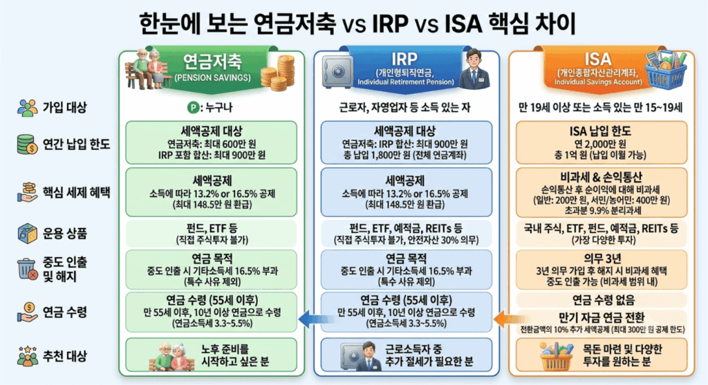 연금저축 IRP ISA 핵심 차이 및 절세 혜택 한눈에 비교