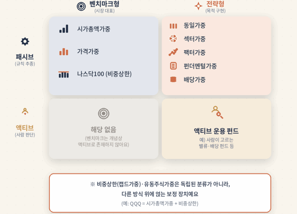 동일가중 섹터가중 팩터가중 배당가중 벤치마크형 전략형 매트릭스